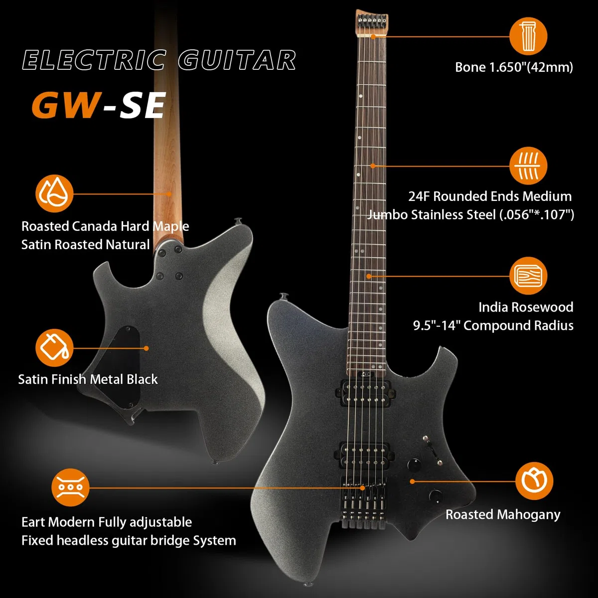 EART GW2-SE Kopflose E-Gitarre mit Eart Standard Artones-H2SE Pickups Set, Indien Palisander Griffbrett, Knochenmutter(Schwarz)