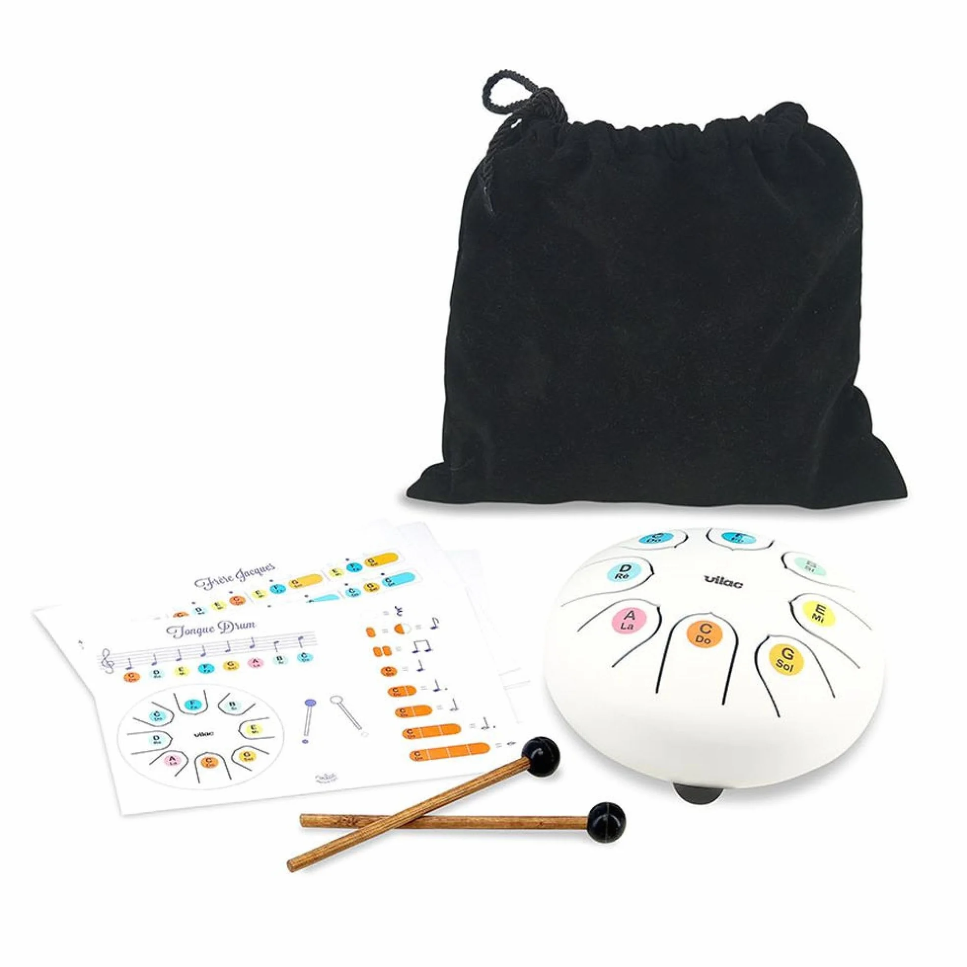 Vilac Tongue Drum-Instrument aus Metall mit Zen-Sound, gestimmt in C-Dur mit Octave, ideal für die Einführung von Kindern an die Musik. Enthält Noten und Erklärungsblatt 8379