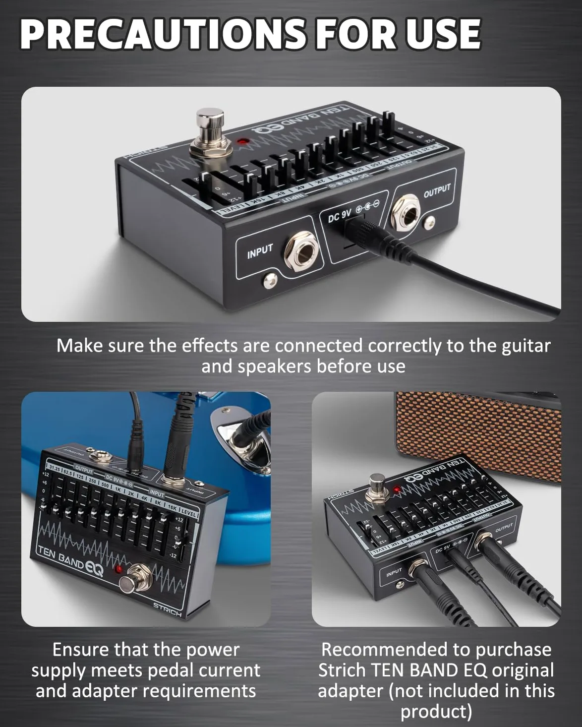 STRICH EQ Pedal für E-Gitarre, 10-Band Equalizer Effektpedal, Equalizer für Gitarre und Bass, 10 Frequenzbänder (31,25 Hz–16 kHz) mit ±12 dB Verstärkung/Absenkung pro Band, TEN BAND EQ