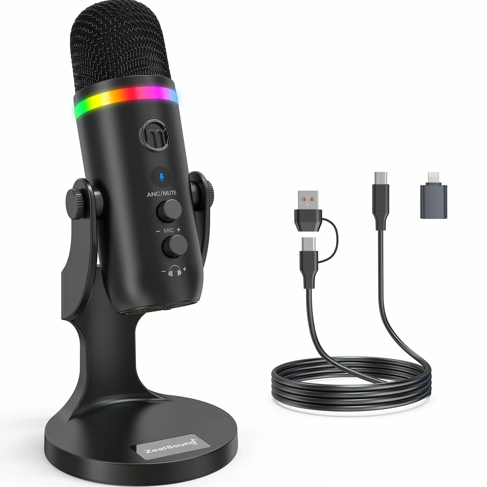 zealsound USB Mikrofon, RGB Gaming Mikrofon für PC, Handy & iPhone, mit Rauschunterdrückung, Stumm & Echo, Kondensator-Tischmikrofon für Podcast, Streaming, Twitch, YouTube, Discord auf Windows & Mac