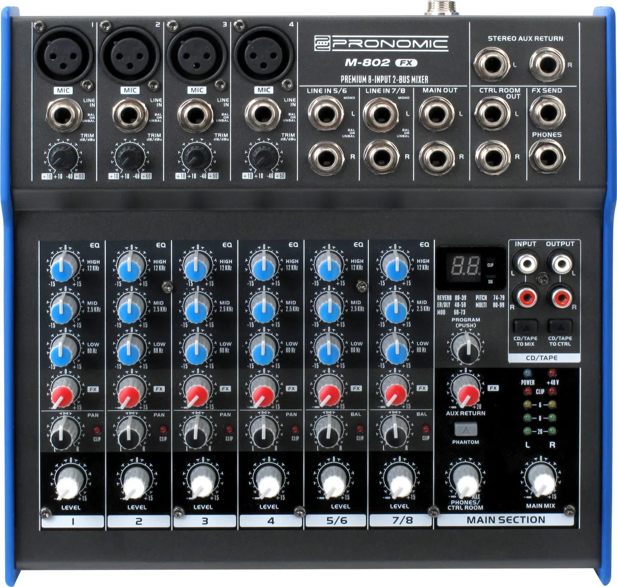 Pronomic M-802FX 8-Kanal Mischpult mit 100 Effekten und 4 XLR-Eingängen | 24-Bit Effektprozessor, 100 Programme, 4 Mono-Kanäle, 2 Stereo-Kanäle, 3-Band EQ, 48 V, Netzteil