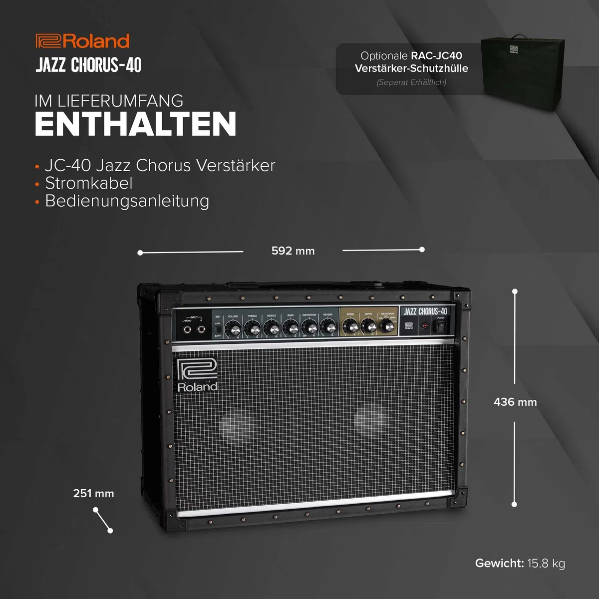 Roland JC-40 Jazz Chorus | Kompakter Gitarrenverstärker | Legendärer JC Clean-Sound | Einzigartiger Dimensional Space Chorus Effekt | Leistungsstarker 40 Watt Stereoverstärker | Zwei 10” Lautsprecher