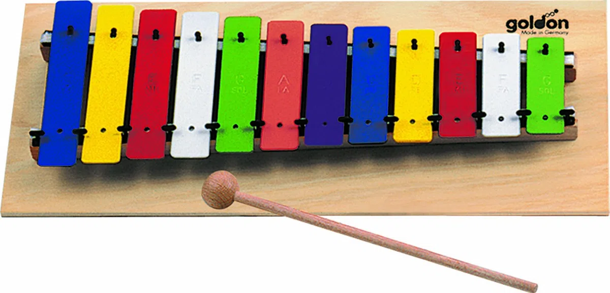 Goldon Metallophon 12 Bunte Klangplatten, c''' - g'''', zzgl. 3 Halbtöne, auf Holzbrett, im Geschenkkarton