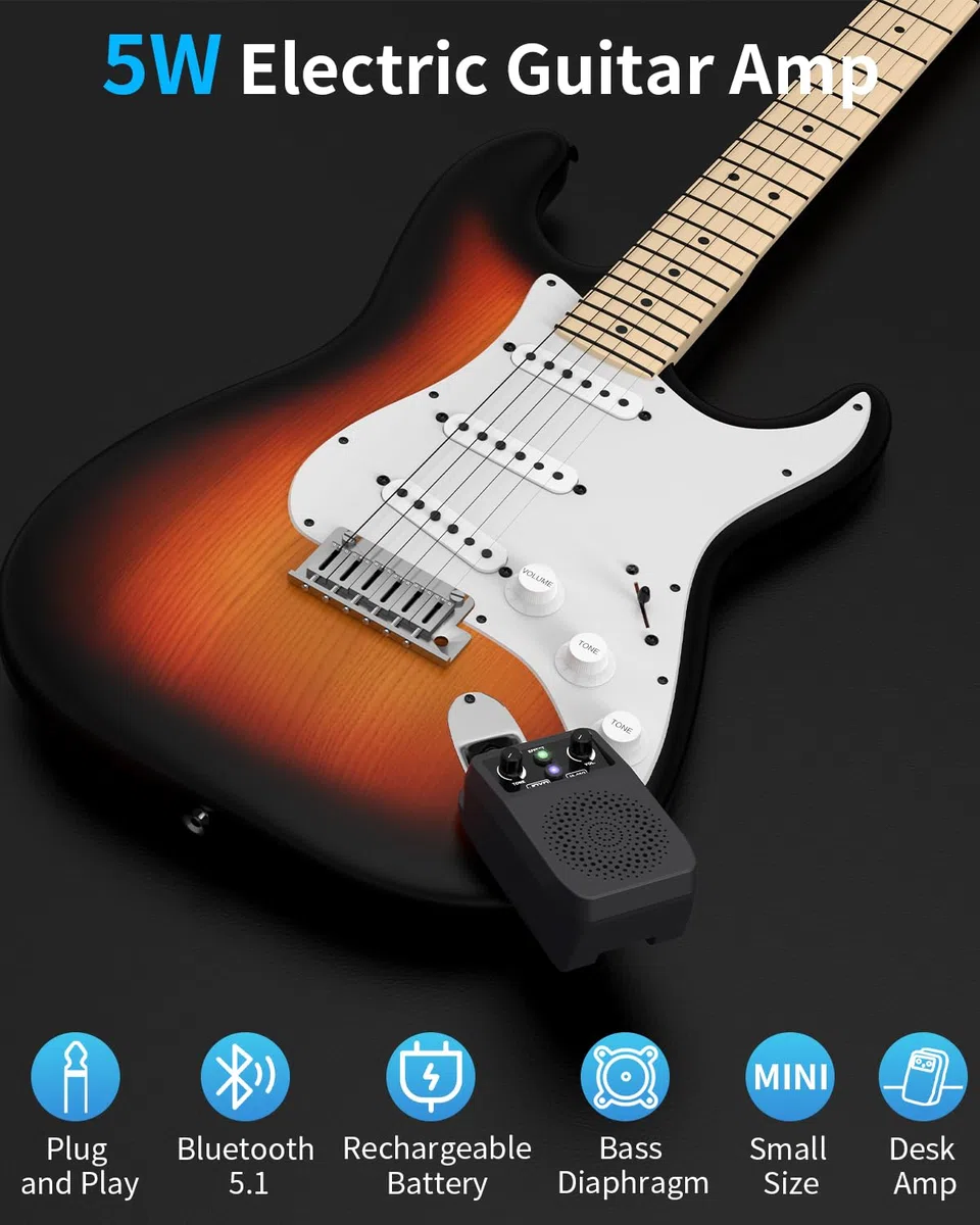 JOYO Mini Gitarrenverstärker 5W tragbar - Wiederaufladbarer Bluetooth-Kombi-Verstärker mit integrierten Effekten (Clean, Overdrive, Distortion, Reverb) Kompakter Übungsverstärker für E-Gitarre Plug in