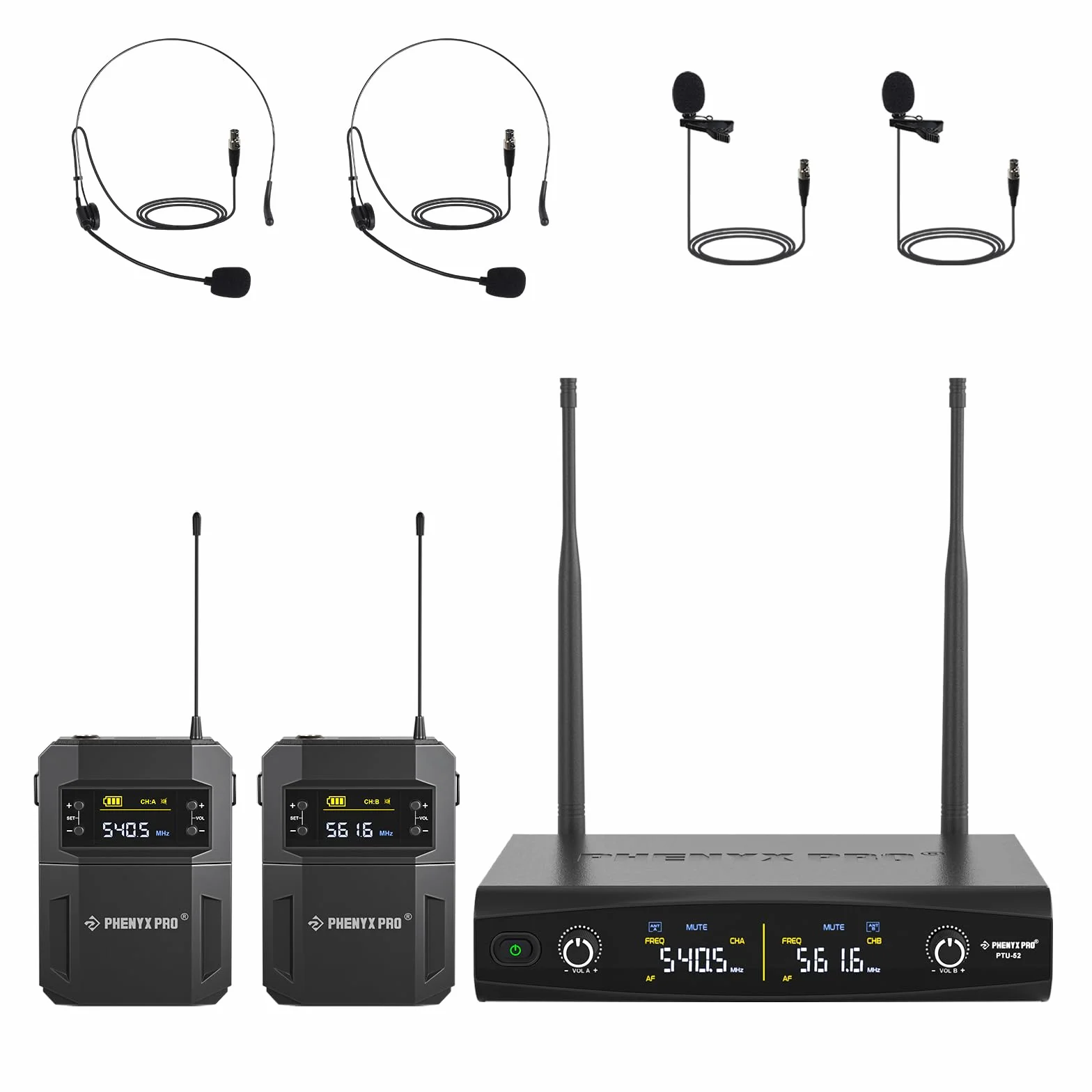 Phenyx Pro UHF Kabelloses Mikrofonsystem mit 2 x 30 abstimmbaren PTU-52-2B | schnurloses Metall-Mikrofon-Set, 61 m Reichweite, 2 Bodypacks & Headsets/Ansteckmikrofone für Sprechen, Singen, Kirche, DJ