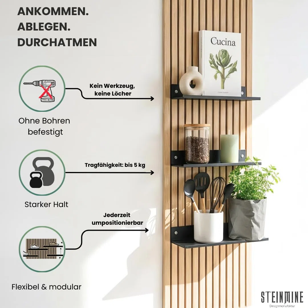 Steinmine - Designmanufaktur Wandregal Metall schwarz matt – Metallverschraubung - kein Bohren – Zubehör für Akustikpaneele (44cm x 13cm)