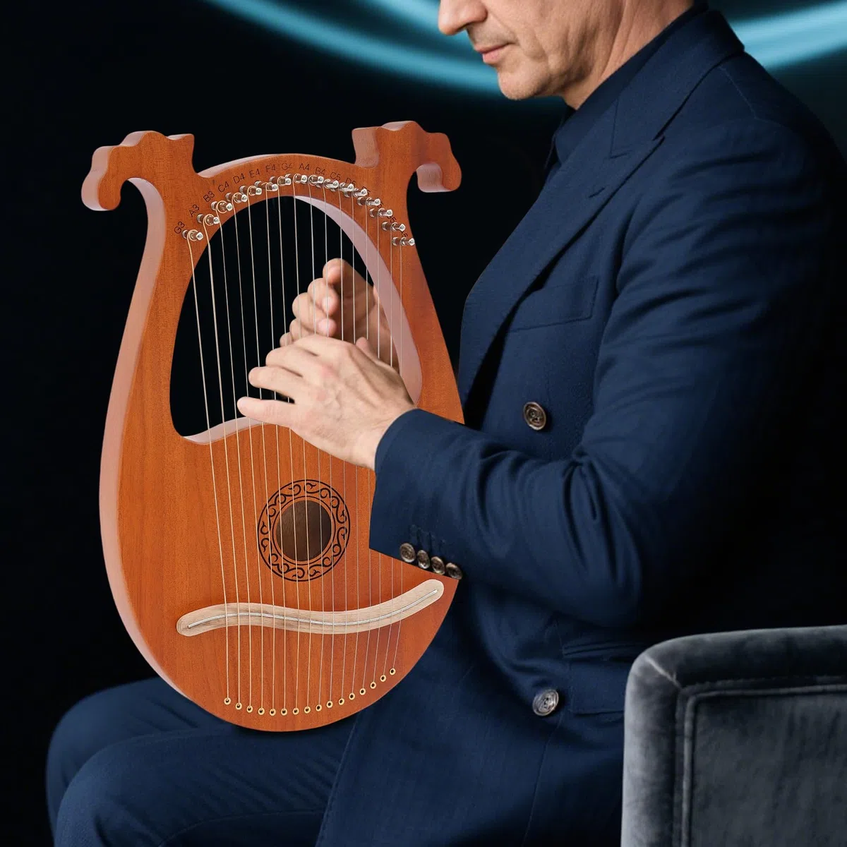 Harfe, Massives Mahagoni Saiteninstrument Instrument, Tragbare 16 Saiten Lyre Harfe, Vintage Instrument Lyra Harfe Mahagoni 16 Stahlsaiten Stimmschlüssel Pickup Set (Europäisch gemusterte Holzfarbe)