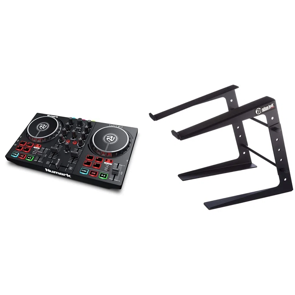 Numark Party Mix II – DJ Controller Pult mit 2 Decks, eingebauten DJ-Lichtern & DJ-Mixer; unterstützt direktes Streaming von TIDAL, SoundCloud u. mehr & ah Stands SLT001E Laptopständer, schwarz