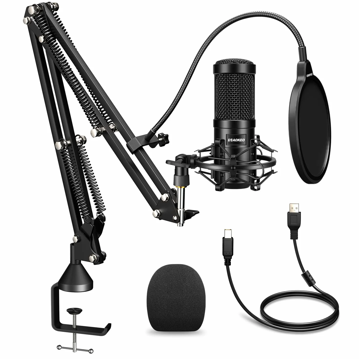 aokeo USB Mikrofon, 192kHZ / 24bit Podcast-Mikrofonsets mit Mikrofonständer, Stoßdämpferhalter, Windschutzscheibe, Popfilter, für Rundfunk, Aufnahme, YouTube,Podcasts