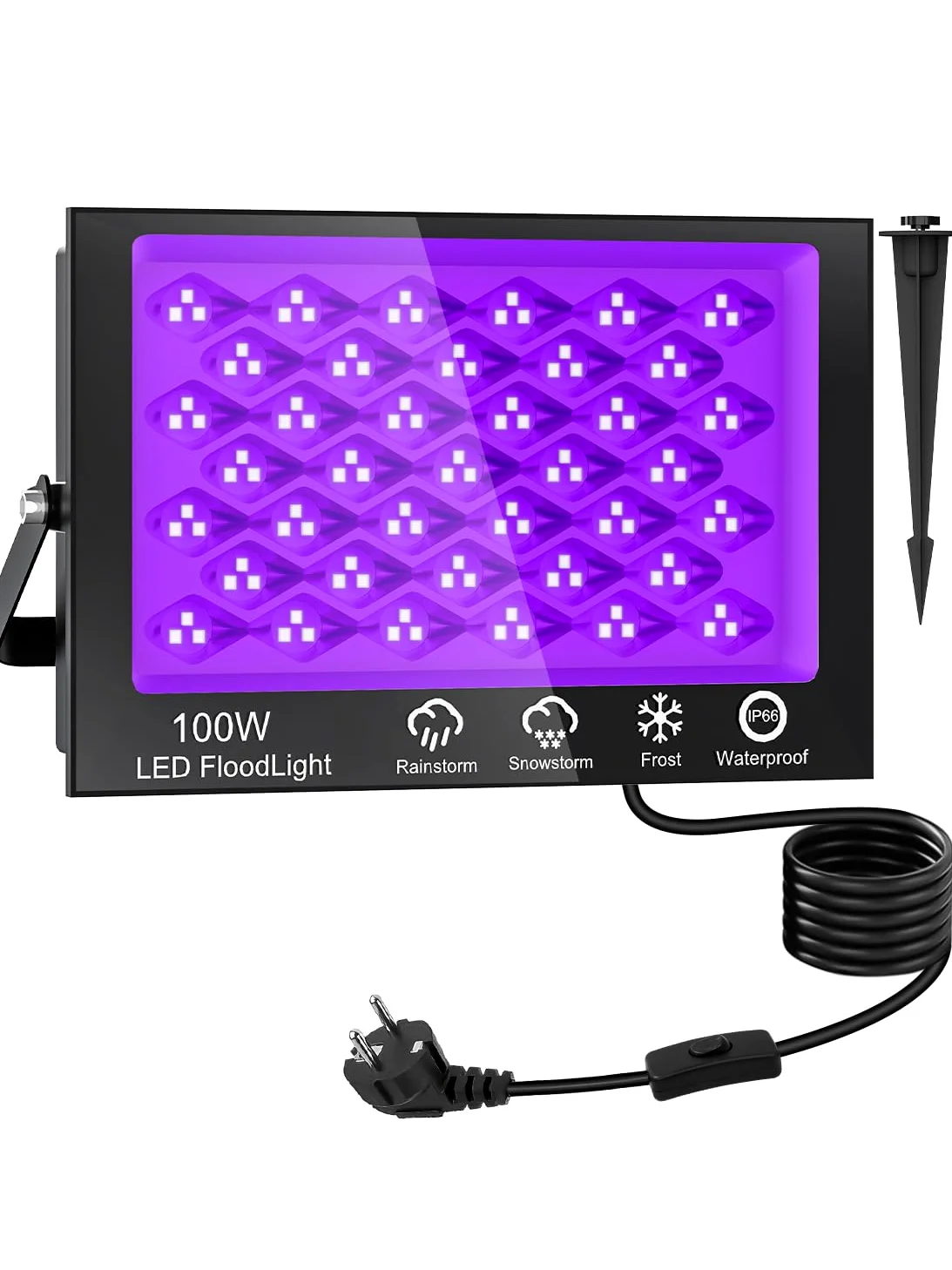 Schwarzlicht Strahler 100W,Schwarzlichtlampe mit 1.5M Stecker,390-400nm Schwarzlicht LED mit Schalter,IP66 Wasserdicht UV Licht,UV Lampe für Party,Glow Party,Disco,Halloween Deko