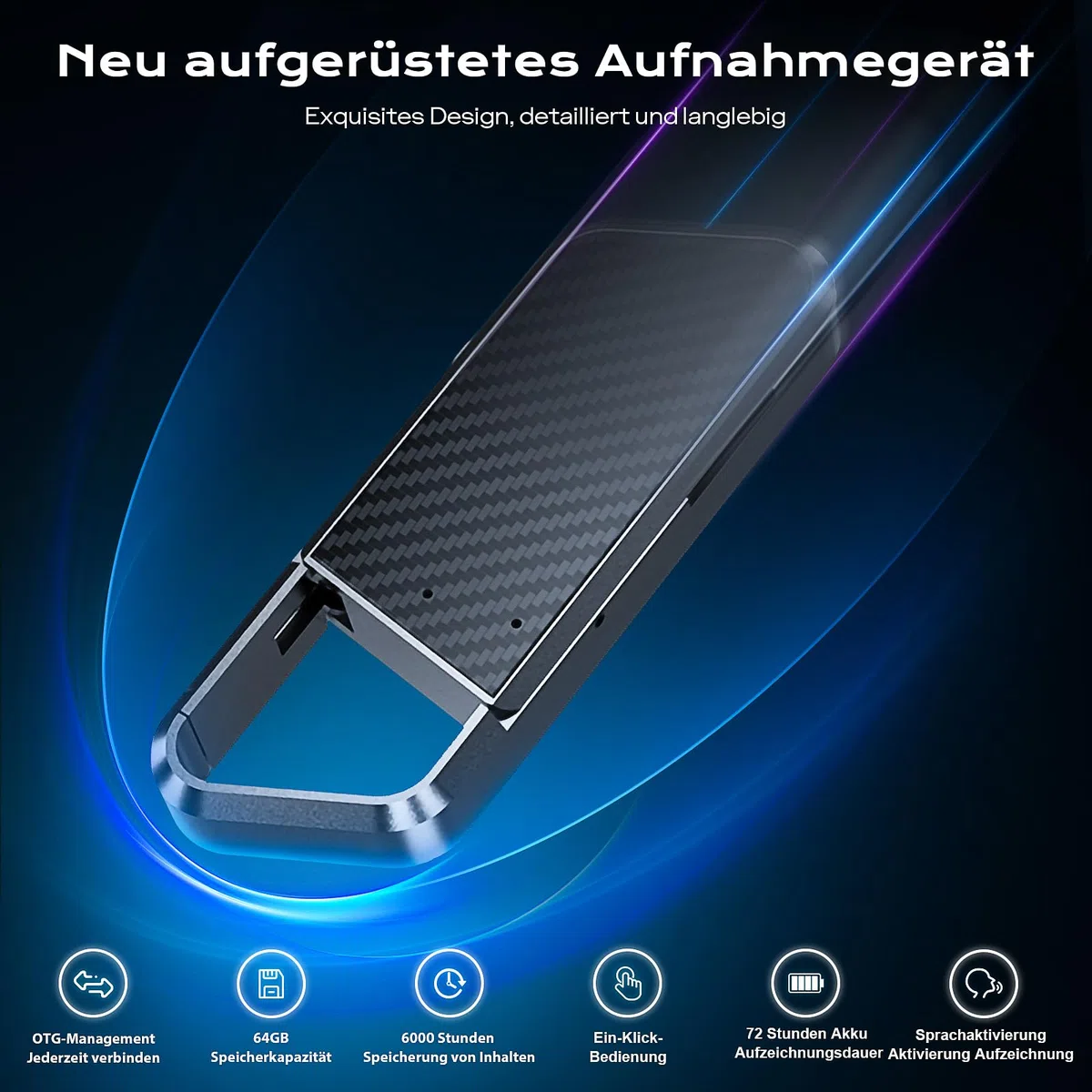 64GB Diktiergerät mit Spracherkennung –Aufnahmegerät, Mobile Rekorder mit DSP5.0 OTG-fähig, 6000h Inhalte-Lange Aufnahmen Voice Recorder, diktiergerät mini für Meeting/Interview/Vorlesungen