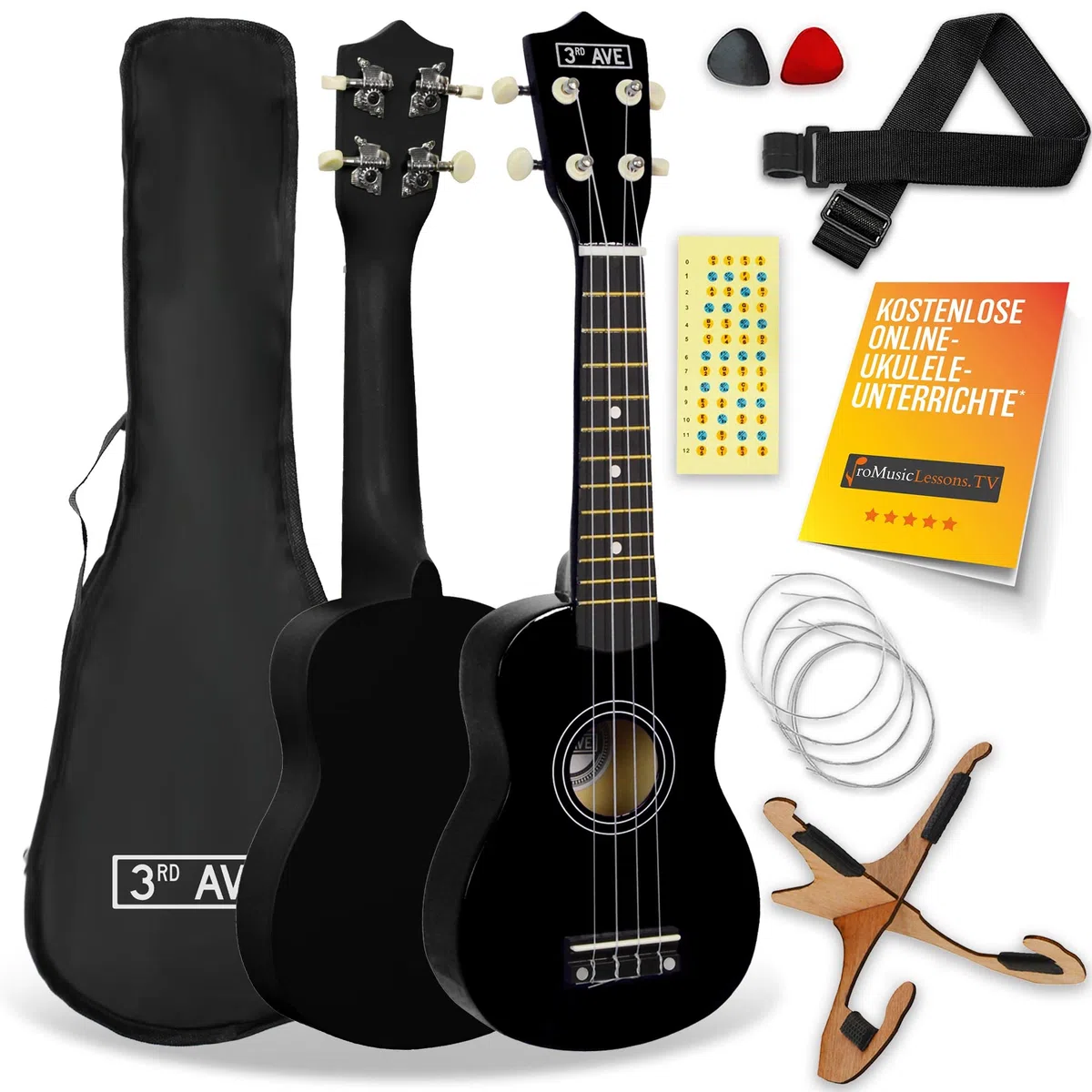 3rd Avenue Sopran-Ukulele mit 54 cm/21“, Anfängerset – Tasche, Ständer, Gurt, Saiten, Plektren und Griffbrett-Aufkleber – in Schwarz – KOSTENLOSE 1-monatige Online-Lektionen