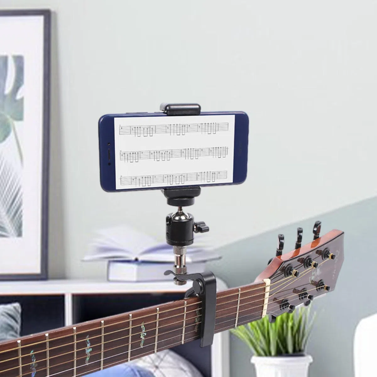 Gitarre Handyhalter, Telefonständer für E- oder Akustikgitarren, Smartphone Guitar Capo Bracket Gitarrenzubehör für Live-Übertragungen