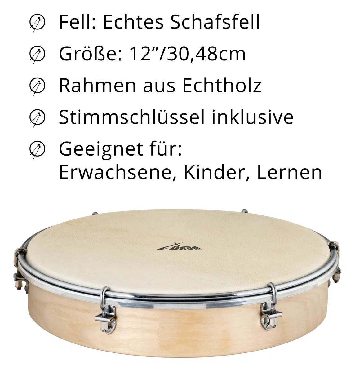 XDrum HTM-12S 12" Handtrommel mit Schlägel Set - Rahmentrommel mit Fell aus Polyester - Stimmbar mit 6 Spannhaken - Holzrahmen aus Ahorn - Ergonomischer Griff - Natur