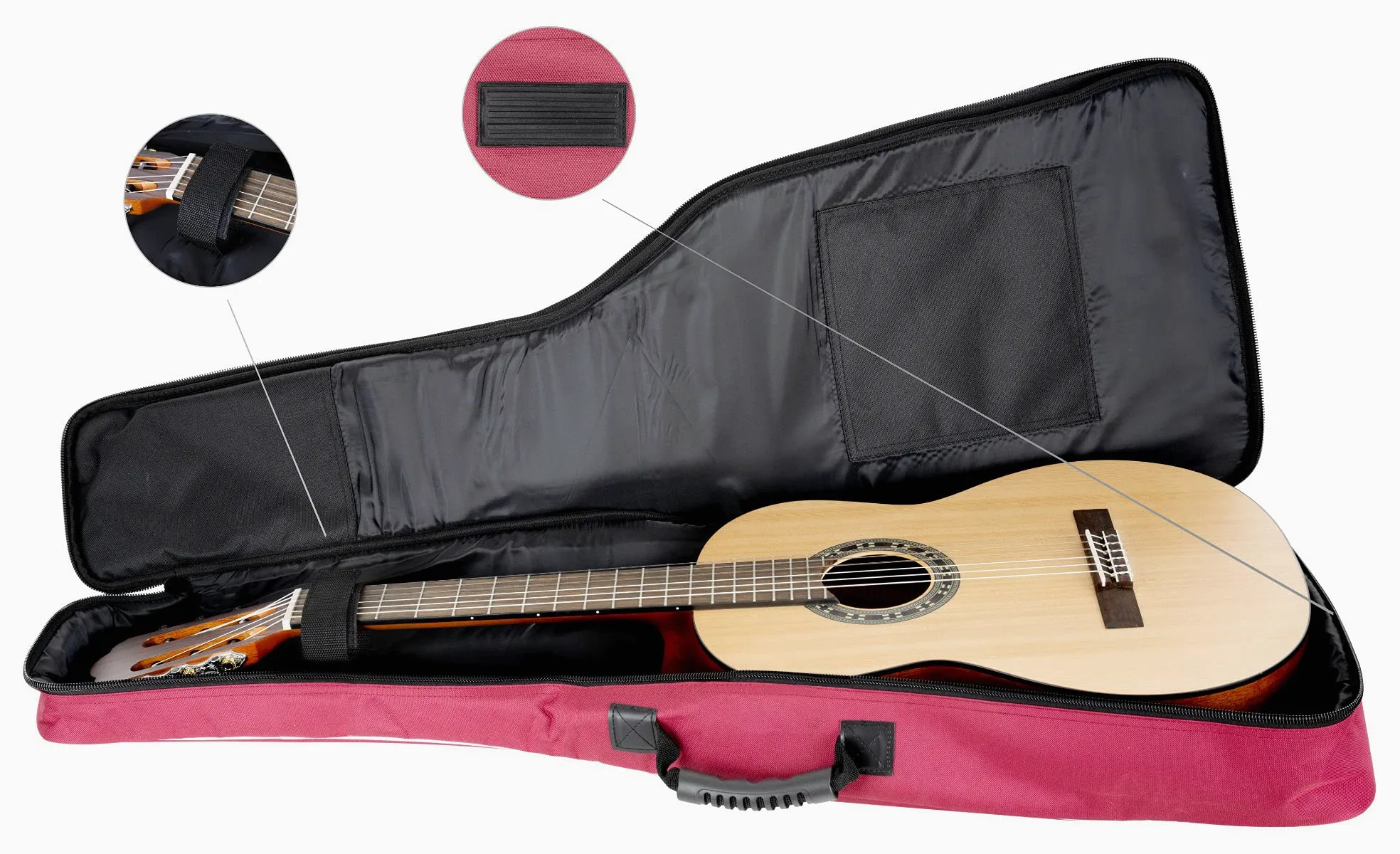 ROCKTILE Klassik-Gitarrentasche 4/4-Größe - wasserabweisender Gigbag mit weicher Polsterung und Fixierung im Halsbereich - Rucksack-Gurte - Große Aufsatztaschen für Noten und Zubehör - Rot