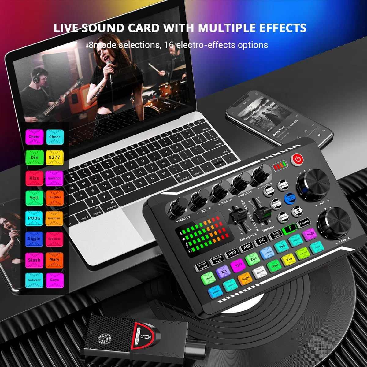 Facmogu F998 Live Sound Card Audio Mixer, Podcast Audio Interface mit DJ Mixer Effekten, Voice Changer mit Soundeffekten für Karaoke Tiktok YouTube Live Streaming Record Gaming