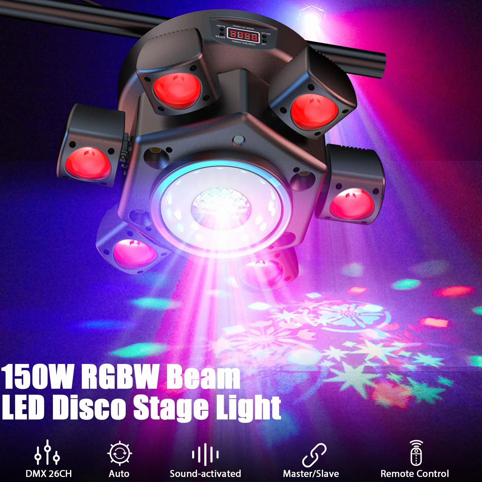 Moving Head LED 150W mit Fernsteuerung RGBW Gobo Beam Discolicht Partylicht 26CH DMX Bühnenlicht für DJ Bar Geburtstag Club Hochzeit Scheinwerfer