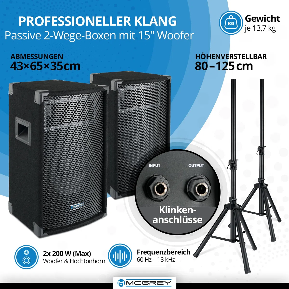 McGrey BP-215 Bandpack PA-Anlage - 8-Kanal Powermixer - digitaler Hall - Bluetooth - USB/SD-Slot - 2-Wege-Lautsprecher mit 15" Woofer und Horn - Inklusive Mikrofon, Stative und Kabel - 150 Watt