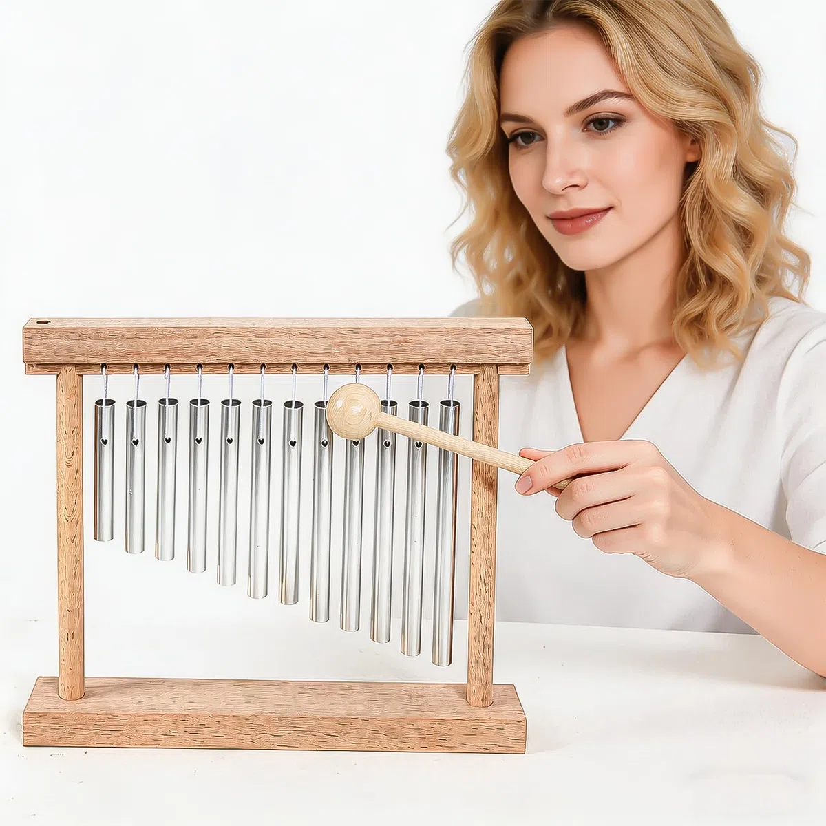 AOVNA Chimes Percussion-Instrument, einreihig, holzfarben, Tisch-Windspiel, leichtes Klangspiel, Musikinstrumente, Anfänger, kollaborative Familie