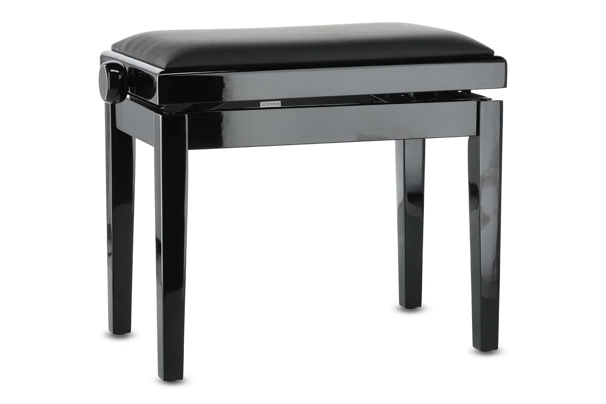 GEWA Pianobank Deluxe Vinyl - Schwarz Hochglanz - Massivholz - Vinyl Sitzbezug - 52x30cm Sitzfläche - Höhenverstellbar - Hochfeste Fixierung - 2t Bruchlast