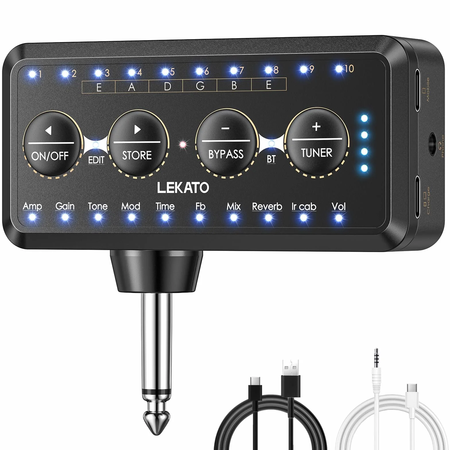 Mini-Gitarrenverstärker mit Effekten,LEKATO wiederaufladbarer Gitarren-Kopfhörerverstärker mit Stimmgerät,verzögertem Nachhall Chorus Phase Overload Distortion Composite Effekt