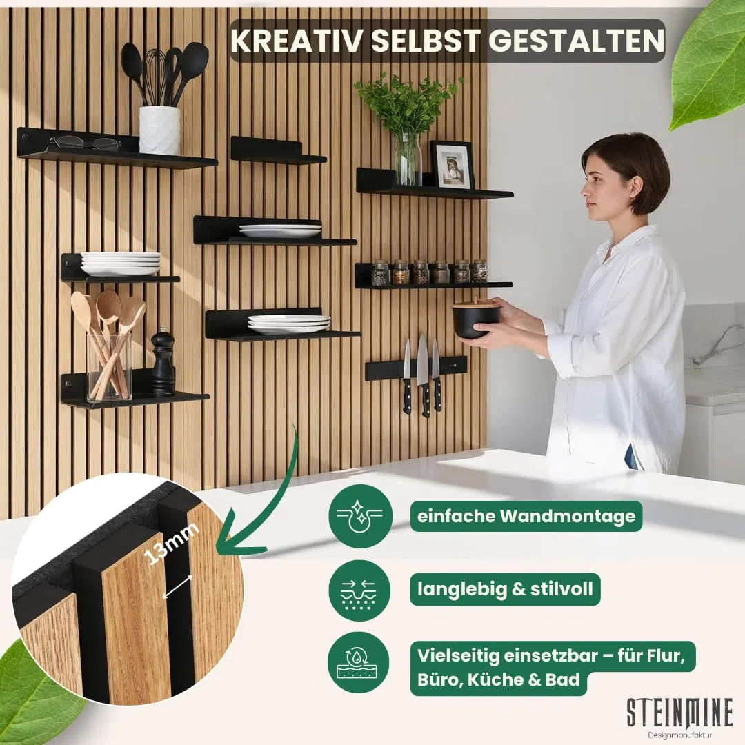 Steinmine - Designmanufaktur Wandregal Metall schwarz matt – Metallverschraubung - kein Bohren – Zubehör für Akustikpaneele (44cm x 13cm)
