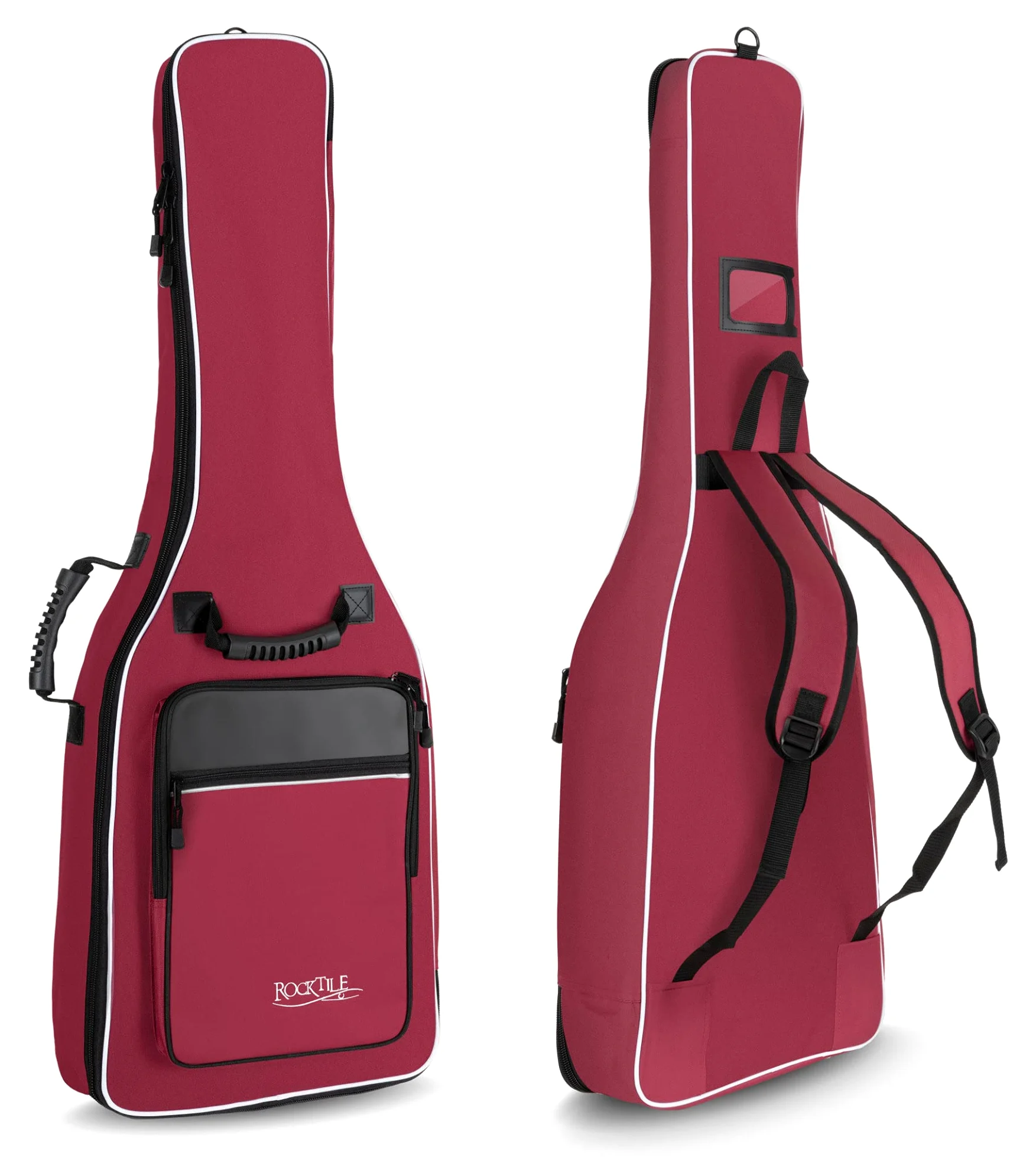 ROCKTILE Klassik-Gitarrentasche 4/4-Größe - wasserabweisender Gigbag mit weicher Polsterung und Fixierung im Halsbereich - Rucksack-Gurte - Große Aufsatztaschen für Noten und Zubehör - Rot