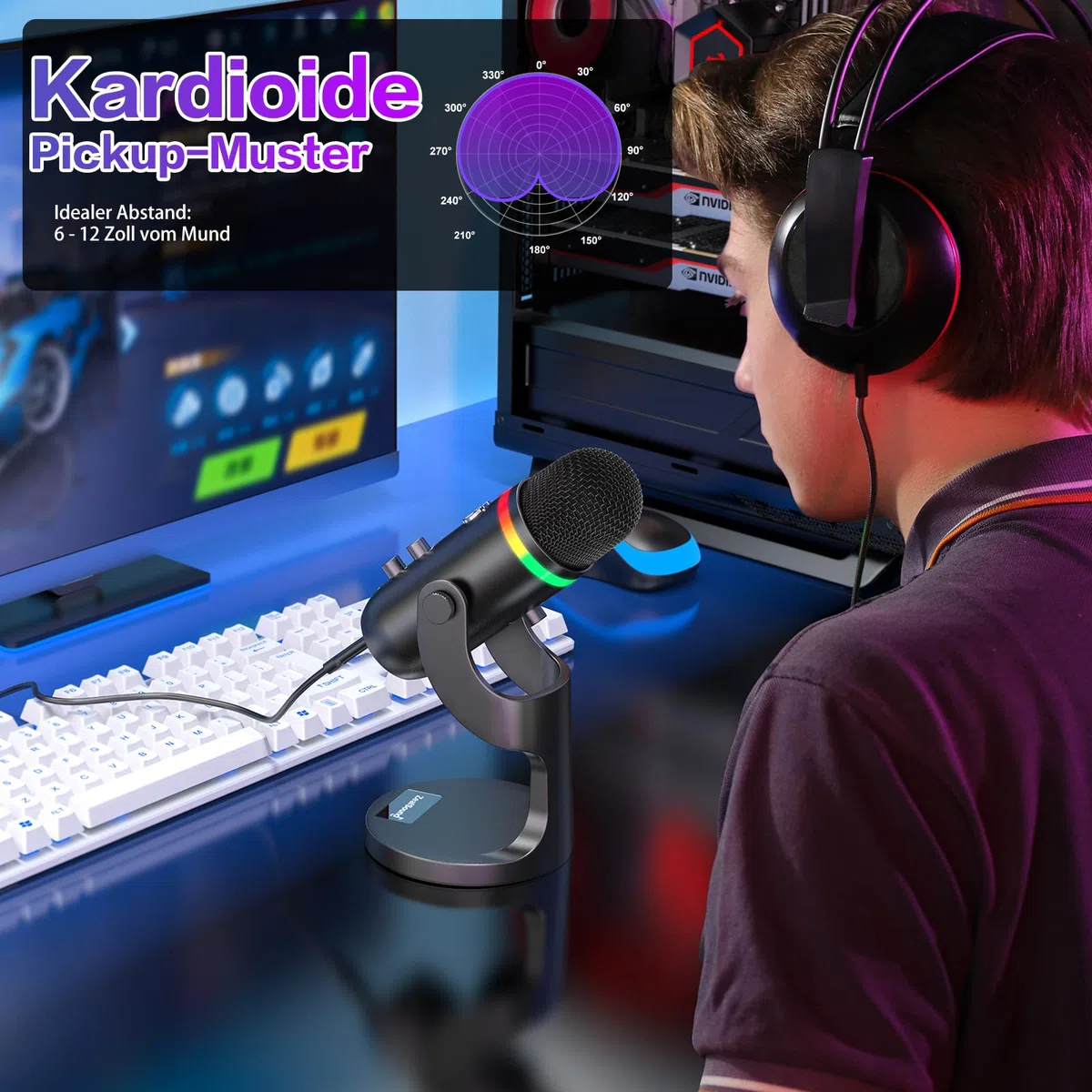zealsound USB Mikrofon, RGB Gaming Mikrofon für PC, Handy & iPhone, mit Rauschunterdrückung, Stumm & Echo, Kondensator-Tischmikrofon für Podcast, Streaming, Twitch, YouTube, Discord auf Windows & Mac