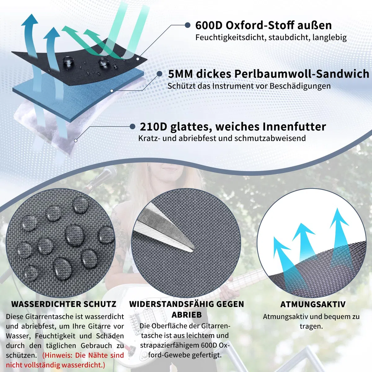 OUUTMEE 48 Zoll Tasche für E-Bass 124 x 41 x 6 cm E-Bass Tasche Verstellbare Schultergurte E-Bass-Auftrittspaket 5 mm Perlenwattepad 600D Oxford-Tuch，Grau