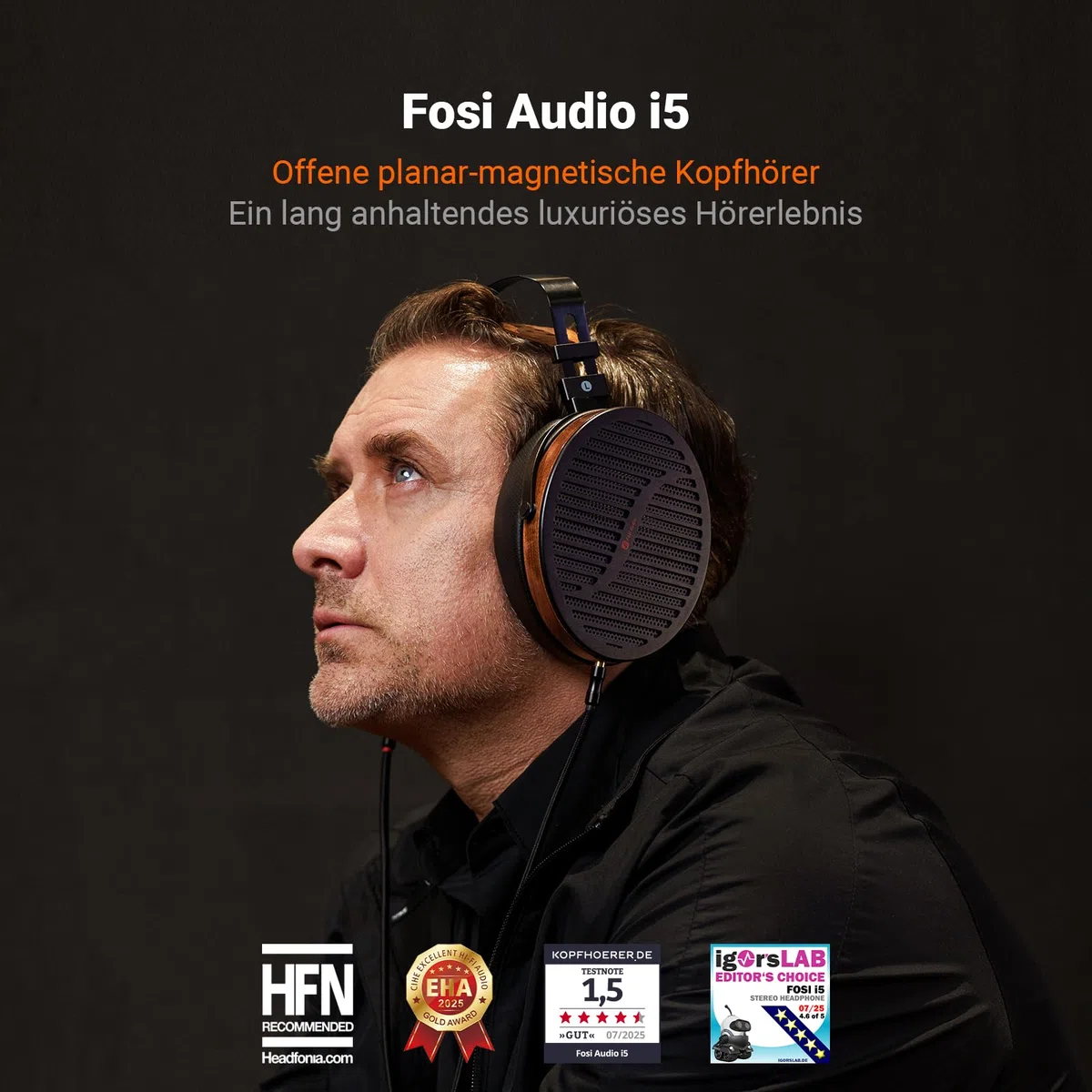 Fosi Audio i5 Open-Back Planar Magnetic Over-Ear Kopfhörer mit 97mm Ultra-Großmembran, CNC Metall & Walnussholz, Audiophiler kabelgebundener Studiokopfhörer für Multi-Source Geräte