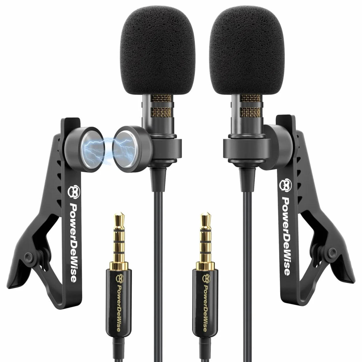 PowerDeWise 2 Lavalier Mikrofon Set für Dual Interview - Dual Ansteckmikrofon - 2 Lavalier Mikrofon Set - Perfekt als Blogging Vlogging Interview Mikrofon für iPhone 6, 7, 8, 8, X