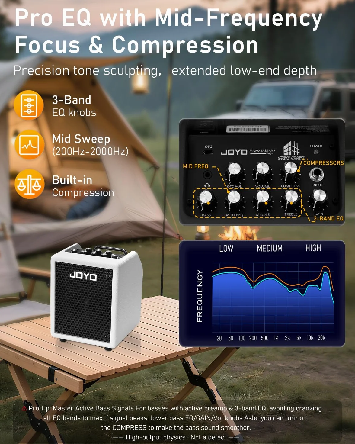 JOYO 30 W Bass-Combo-Verstärker, tragbarer Verstärker 4-Zoll-Lautsprecher mit 3-Band-EQ und Kompressor | Bluetooth 5.1 + OTG-Direktaufnahme | Üben mit Kopfhörer für Bassisten, Solokonzerte und Livestr