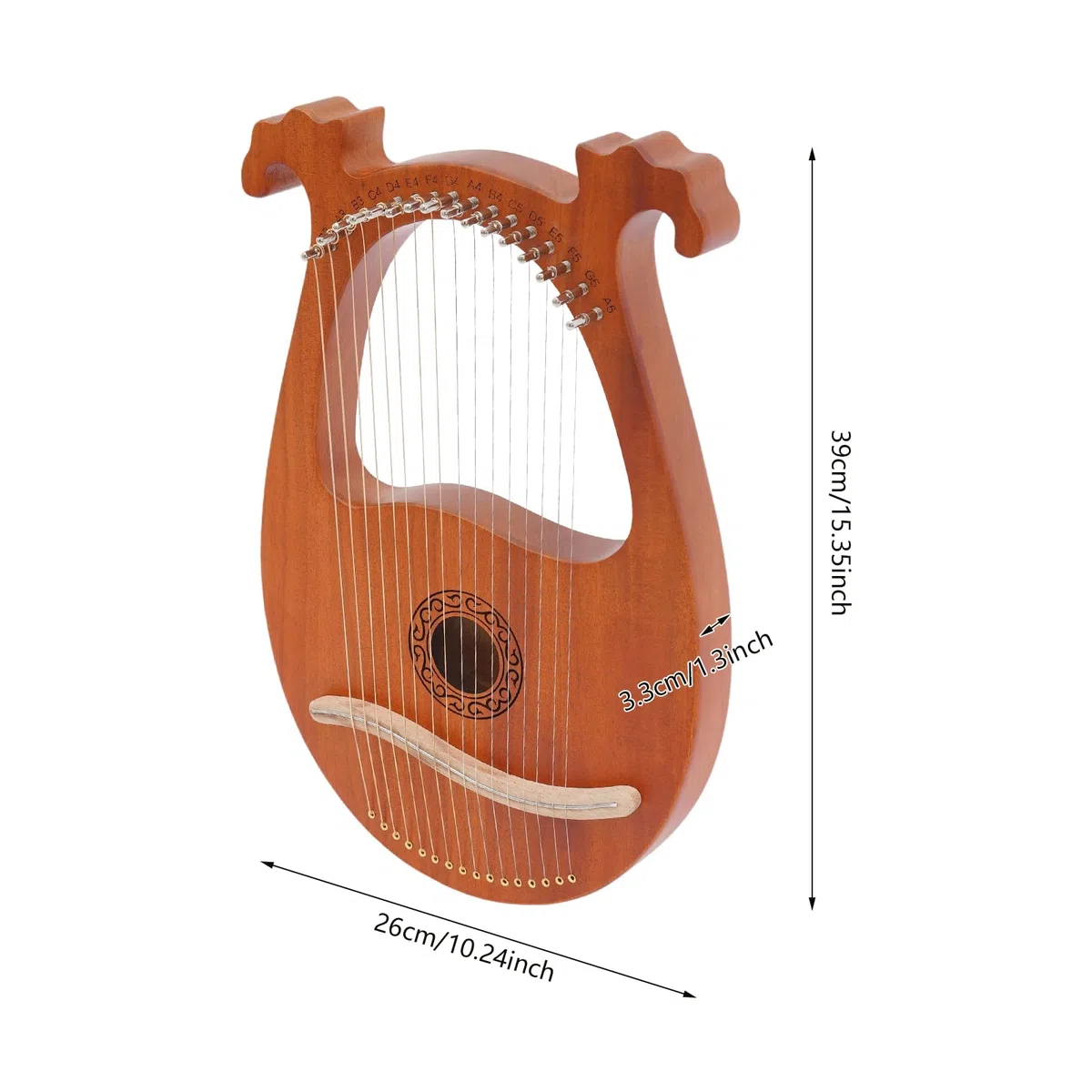 Harfe, Massives Mahagoni Saiteninstrument Instrument, Tragbare 16 Saiten Lyre Harfe, Vintage Instrument Lyra Harfe Mahagoni 16 Stahlsaiten Stimmschlüssel Pickup Set (Europäisch gemusterte Holzfarbe)