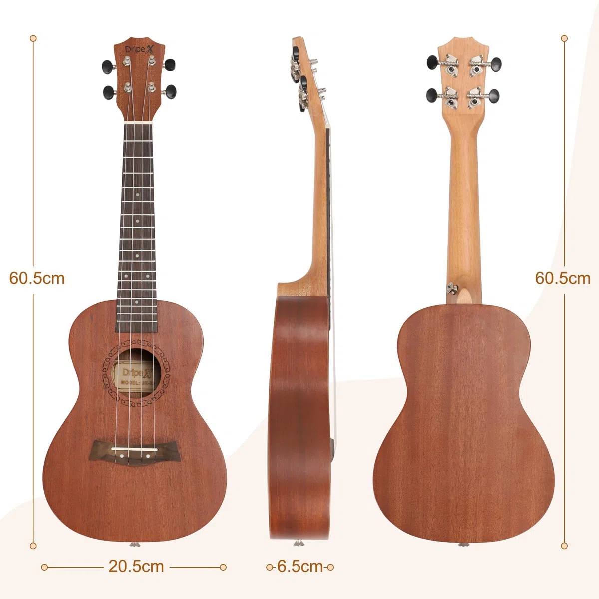 Dripex 23 Zoll Konzert Ukulele Set - Vintage Kleine Gitarre Kit für Erwachsene Anfänger Mit Tasche, Tuner, Gurt, Bedienungsanleitung, Saite (Braun)