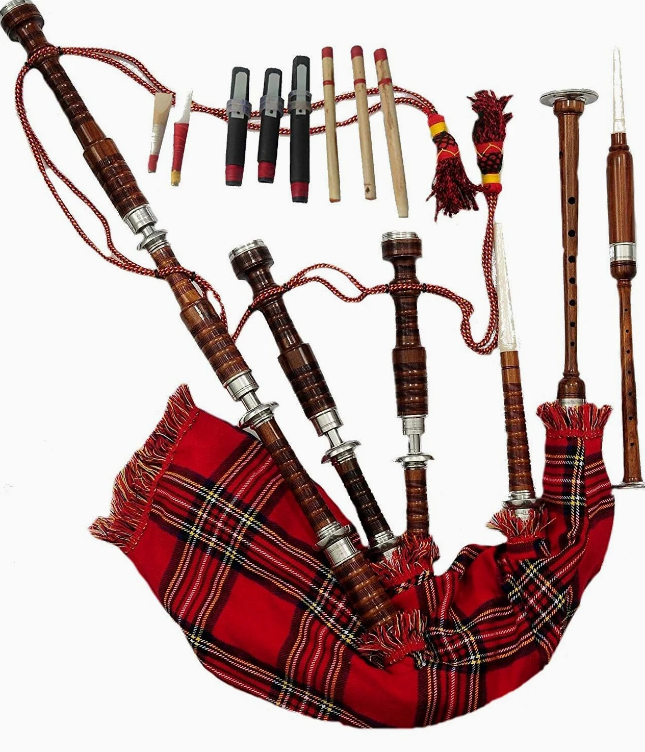 Schottischer Great Highland Dudelsack aus Palisander, natürliche Silberhalterungen mit Hartschalenkoffer und Anleitungsbuch