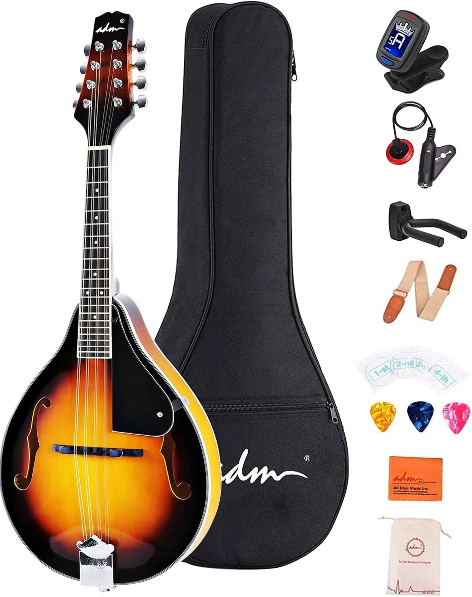 ADM Akustisches Mandolinen-Instrumenten-Set, Musik, A-Stil für Kinder, Studenten, Erwachsene, Holz-Mandolinen, Anfänger-Set mit Tasche, Stimmgerät, EQ, Gurt, Saiten, Plektren und Aufhänger, Sunbrust