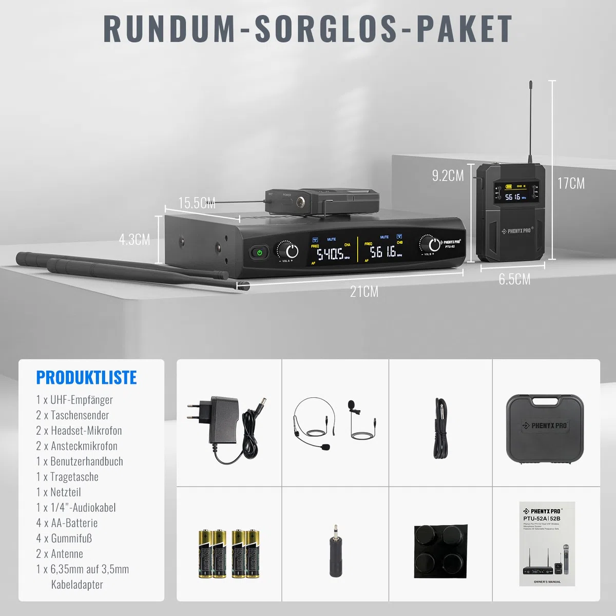 Phenyx Pro UHF Kabelloses Mikrofonsystem mit 2 x 30 abstimmbaren PTU-52-2B | schnurloses Metall-Mikrofon-Set, 61 m Reichweite, 2 Bodypacks & Headsets/Ansteckmikrofone für Sprechen, Singen, Kirche, DJ