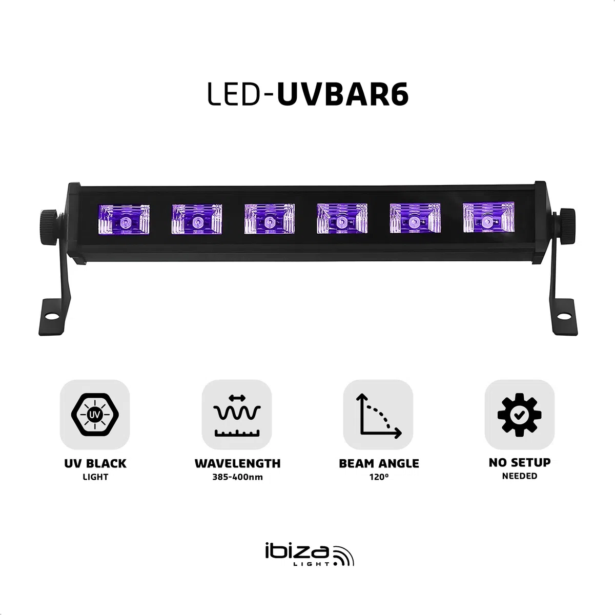 Ibiza - LED-UV-BAR6 - UV-Lampe, Fluoreszenz-Effekt, Schwarzlicht-Effekt mit 6 LEDs zu je 3 W - Schwarz - Auf Ständer