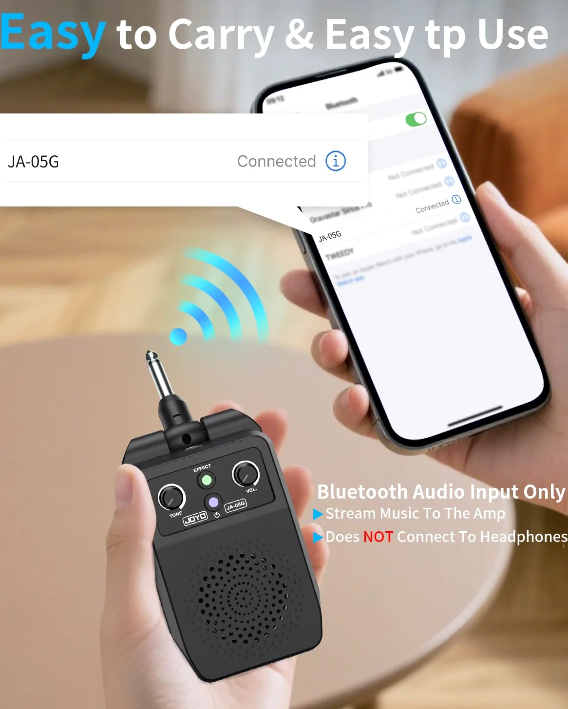 JOYO Mini Gitarrenverstärker 5W tragbar - Wiederaufladbarer Bluetooth-Kombi-Verstärker mit integrierten Effekten (Clean, Overdrive, Distortion, Reverb) Kompakter Übungsverstärker für E-Gitarre Plug in