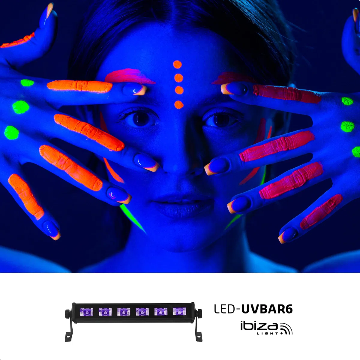 Ibiza - LED-UV-BAR6 - UV-Lampe, Fluoreszenz-Effekt, Schwarzlicht-Effekt mit 6 LEDs zu je 3 W - Schwarz - Auf Ständer