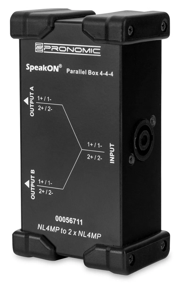 Pronomic Speakon Parallel Box 4-4-4 - Splitter für Speakon-Kabel - teilt 2- und 4-polige Signal in 2 Signale auf - Original Neutrik-Buchsen - robustes Stahlgehäuse - schwarz
