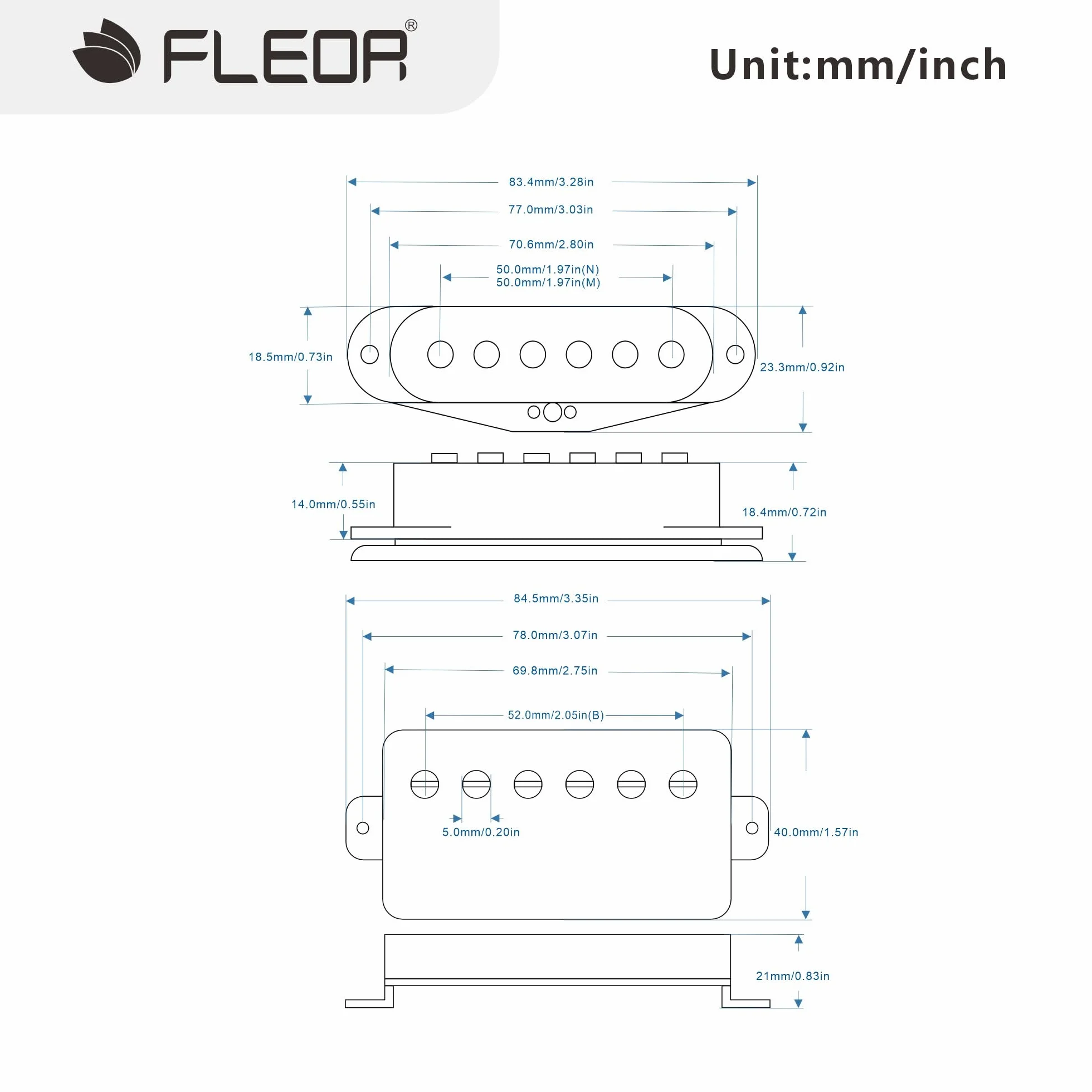 FLEOR Alnico 5 Flat Pole Single Coil Pickup und High Gain Humbucker Set Weiß HSS N+M+B Tonabnehmer für ST Style Gitarre