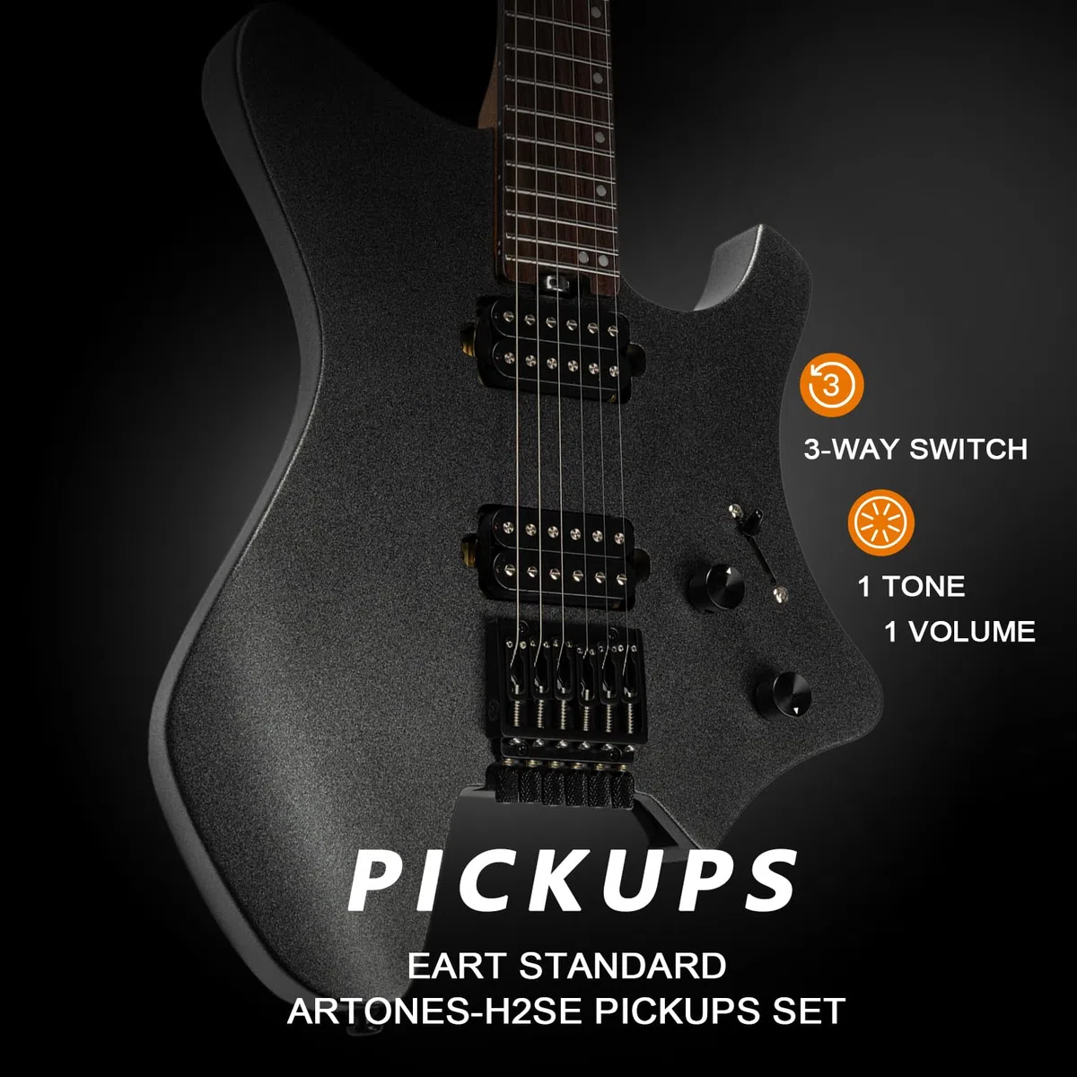 EART GW2-SE Kopflose E-Gitarre mit Eart Standard Artones-H2SE Pickups Set, Indien Palisander Griffbrett, Knochenmutter(Schwarz)