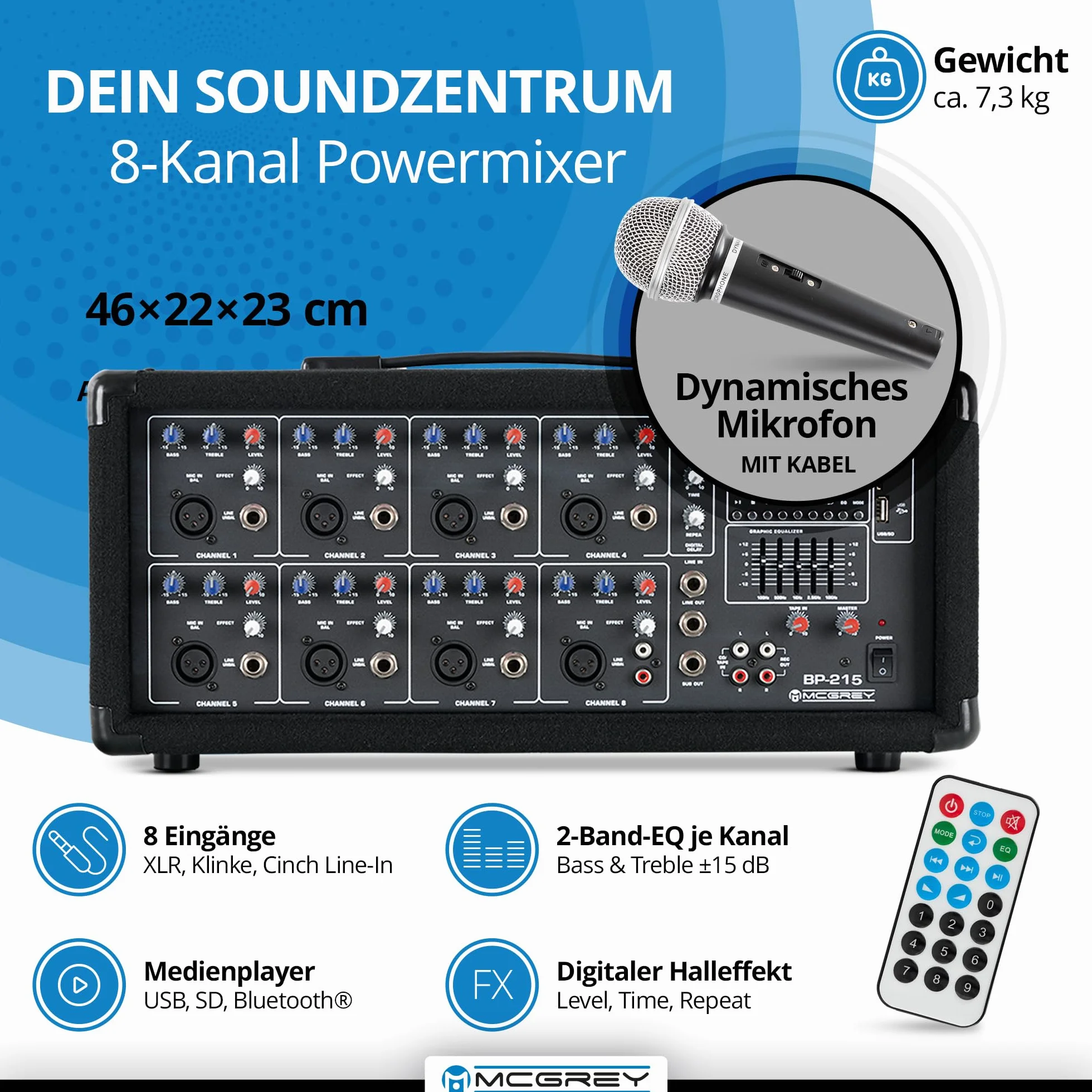 McGrey BP-215 Bandpack PA-Anlage - 8-Kanal Powermixer - digitaler Hall - Bluetooth - USB/SD-Slot - 2-Wege-Lautsprecher mit 15" Woofer und Horn - Inklusive Mikrofon, Stative und Kabel - 150 Watt