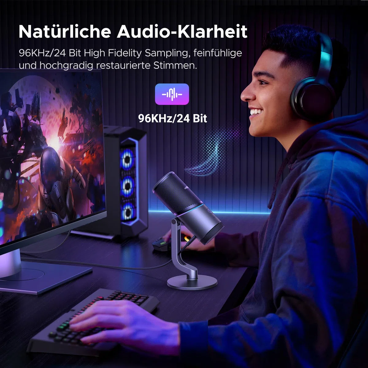 UGREEN Mikrofon Gaming für PC USB Microphone mit RGB Licht 24bit/96kHz Stummschalttaste Gaming Mic für PS5 /PS4 Kondensatormikrofon für Streaming, Podcasting, Aufnahme, Laptop