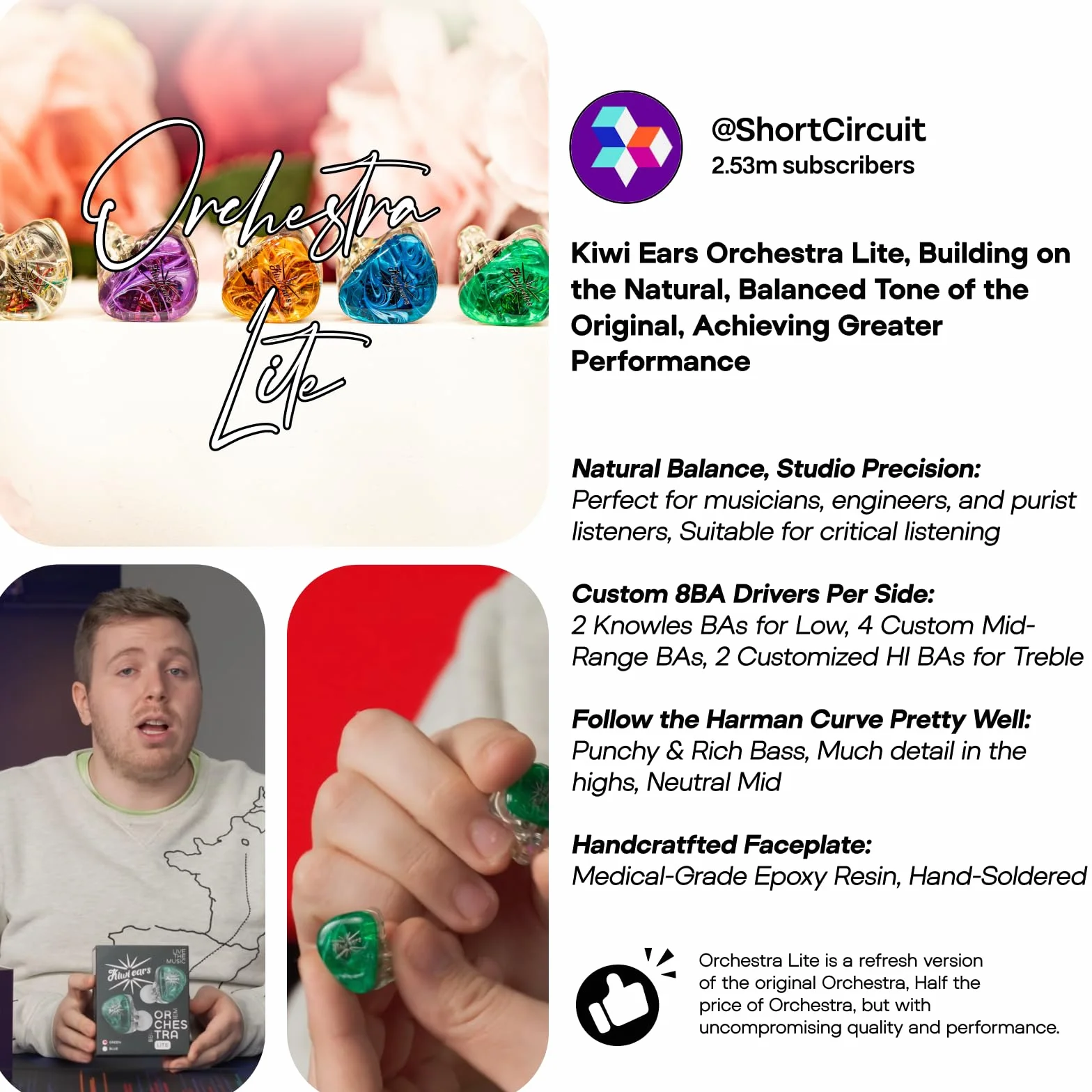 LINSOUL Kiwi Ears Orchestra Lite Performance Custom 8BA In-Ear Monitor IEM mit Abnehmbarem 4-adrigem 7N Sauerstofffreiem Kupfer OFC Kabel, Handgefertigter Faceplate(Grün)