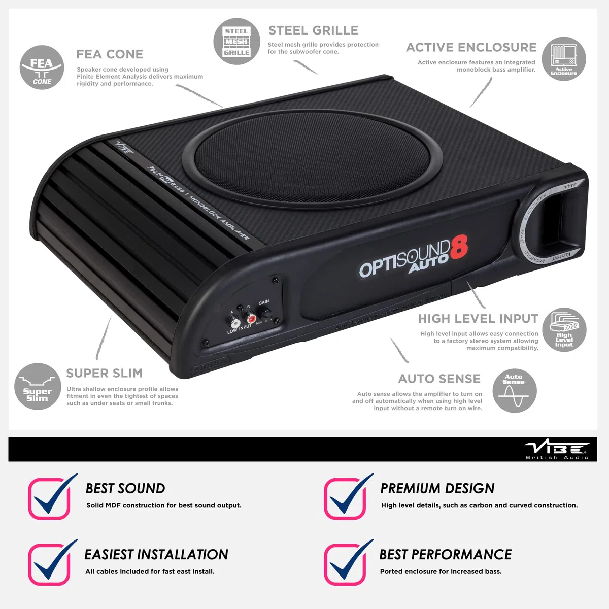 Vibe Audio Optisound Slimline 8" Untersitz-Aktiv-Bassgehäuse, OPTISOUNDAUTO8A-V2, Schwarz