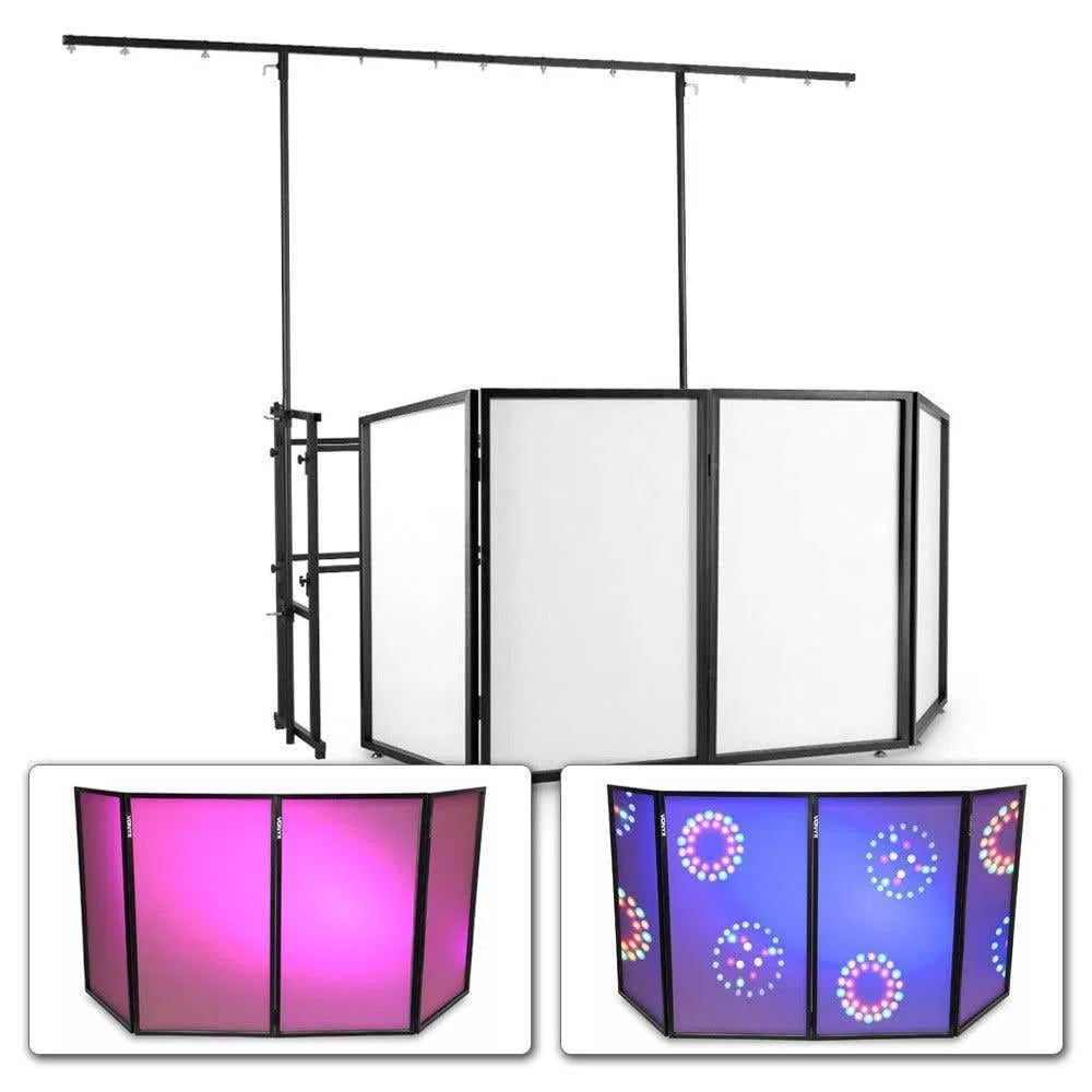 Vonyx DJ Booth Set - Mobiles DJ Pult, 1x Vonyx DB2 DJ Tisch klappbar, 1x Vonyx All-in-1 Pro Disco-Ständer, DJ Tisch Mobil mit Lichtstativ zum zusammenstecken