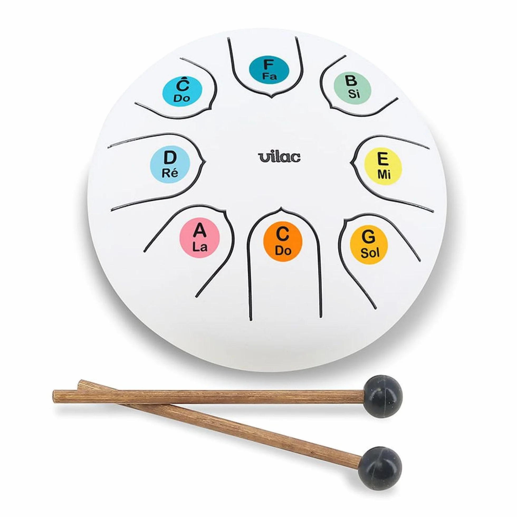 Vilac Tongue Drum-Instrument aus Metall mit Zen-Sound, gestimmt in C-Dur mit Octave, ideal für die Einführung von Kindern an die Musik. Enthält Noten und Erklärungsblatt 8379