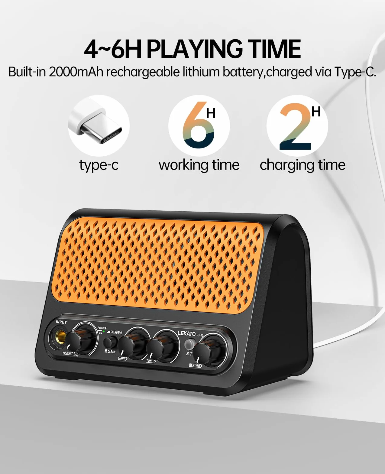 Mini-Gitarrenverstärker, LEKATO 10W tragbarer E-Gitarrenverstärker mit Clean- und Overdrive-Kanal, Reverb und Bluetooth-Verbindung (schwarz-orange)